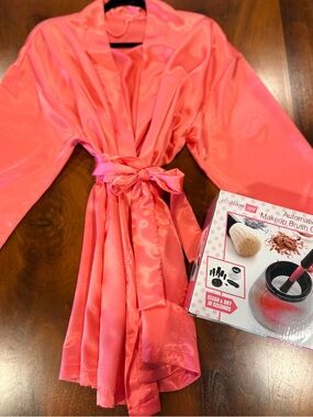 2pc Satin Robe, Color: cantaloupe orange, Tie Waist, & NEW makeup brush cleaner
